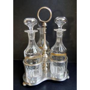 Cognac, Rum, And Kirsch Serving Set In Crystal Decanters On A Silver-plated Metal Stand, 19th Century