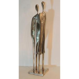 Large Sculpture By Artist Yves Lohé, In Bronze With A Silver Patina; A Slender Couple; 20th Century