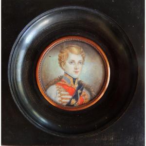 Portrait, Miniature Of A Young Officer In A Blackened Wooden Frame With Brass Trim, 19th Century
