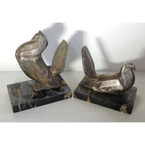 serre livres du sculpteur animalier Irénée Rochard , couple de dindes en bronze argenté ,20 ème