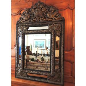 Miroir Glace à Parcloses En Laiton Repoussé Napoléon III   19éme.