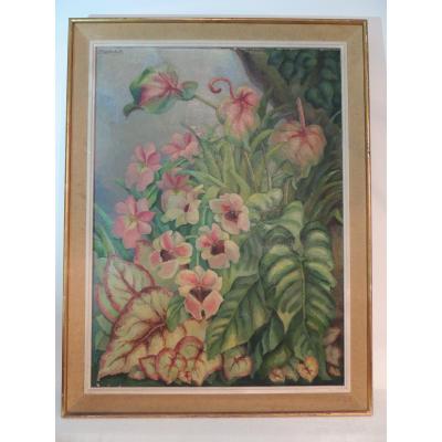 Table Oil Painting On Canvas Flowers And Green Plants By Z. Herbulot