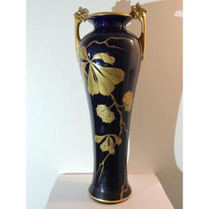 Grand Vase En Céramique Bleu De Tour Et Or , Art Nouveau , 20 ème Siècle