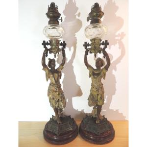 Pair Of Polychromed Oil Lamps In Regulates, Napoleon III, 19th Century