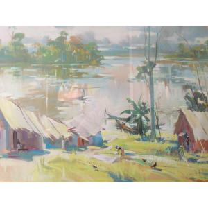 Mixed Painting, Gouache By The New Zealand Painter Guy Hugé, African Congo Landscape, 20th