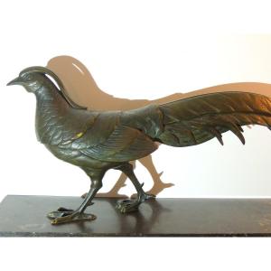 Faisan En Bronze , Patine Verte Nuancée ,grand Bronze Animalier Sur Marbre Noir,art Déco 20 ème