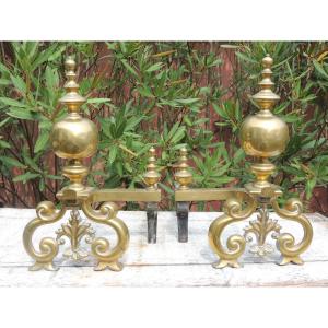 Old Andiron In Bronze, Pair Of Andirons Napoleon III In Gilt Bronze