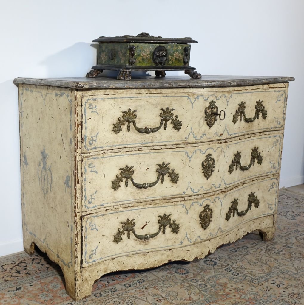 Commode peinte époque Régence plateau faux marbre-photo-3