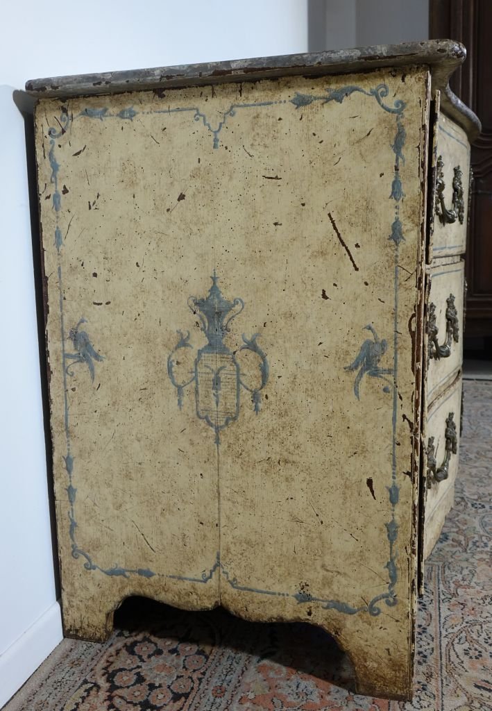 Commode peinte époque Régence plateau faux marbre-photo-4