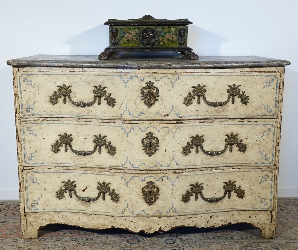Commode peinte époque Régence plateau faux marbre-photo-3