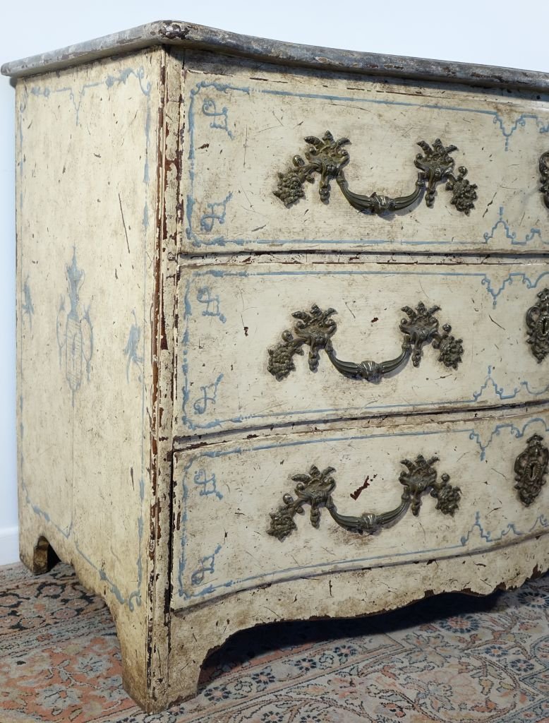 Commode peinte époque Régence plateau faux marbre-photo-4