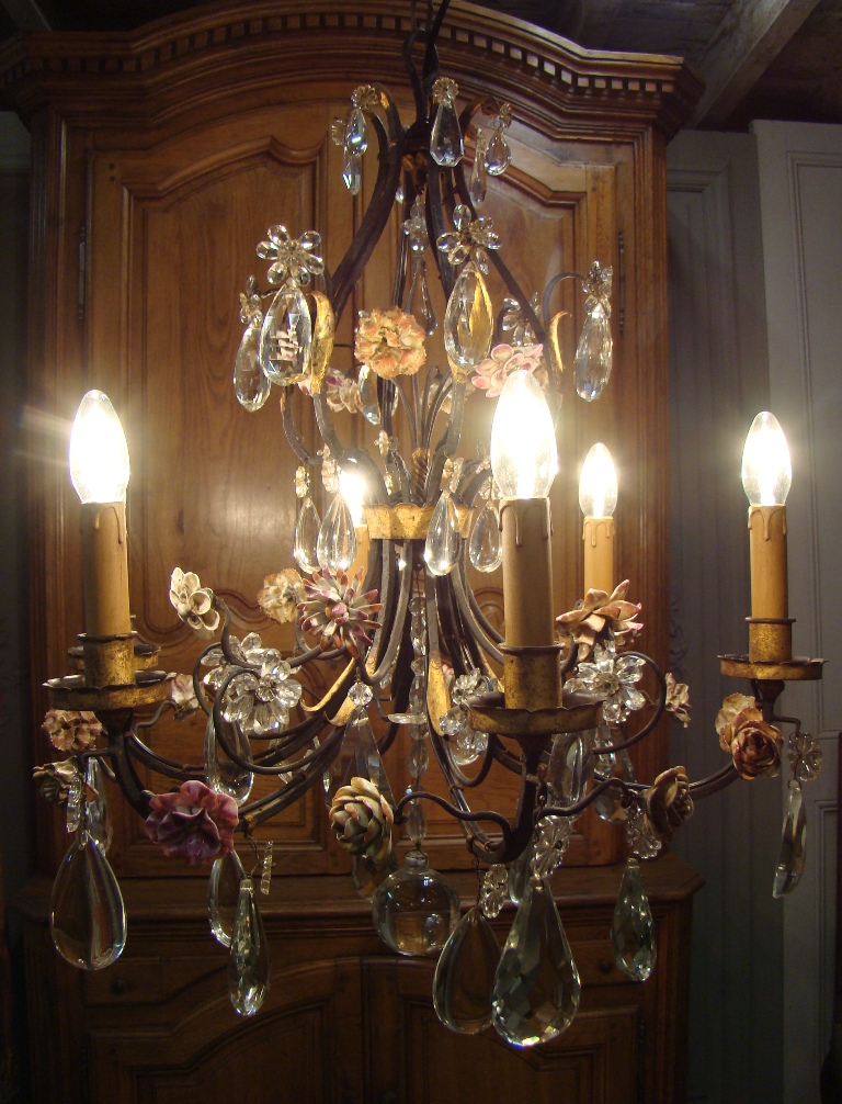 Lustre Cage En Fer Forgé à Fleurs De Porcelaine-photo-2
