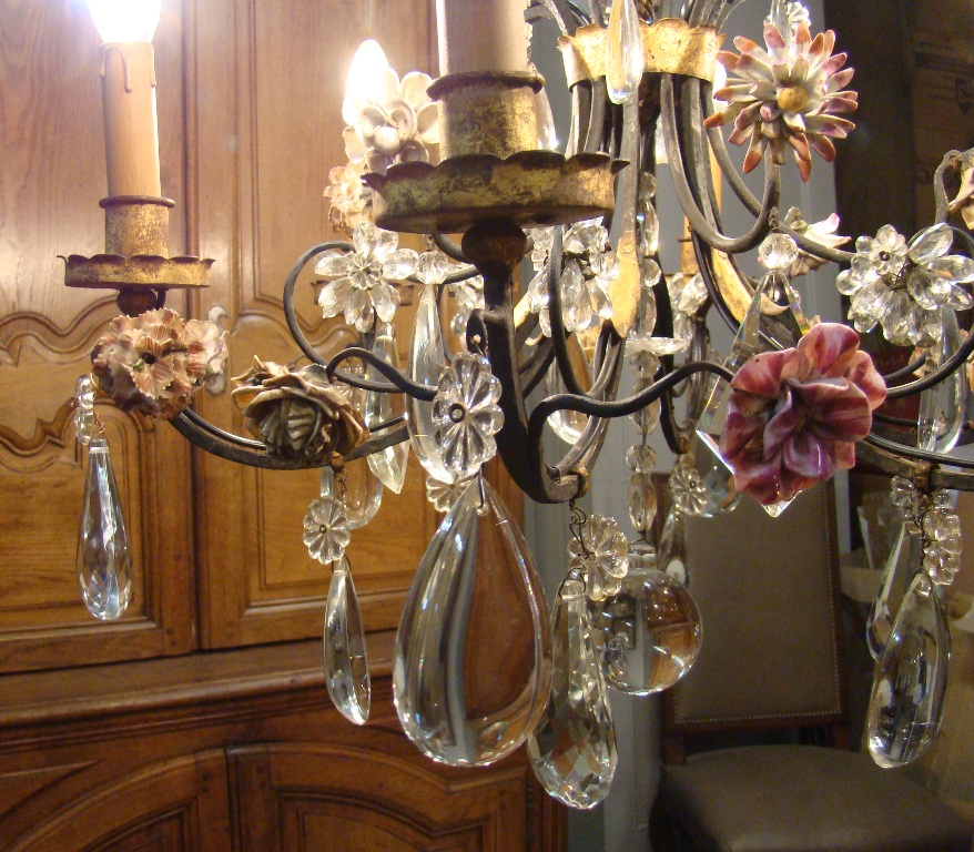 Lustre Cage En Fer Forgé à Fleurs De Porcelaine-photo-3