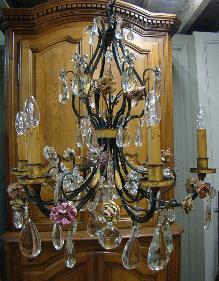 Lustre Cage En Fer Forgé à Fleurs De Porcelaine-photo-8