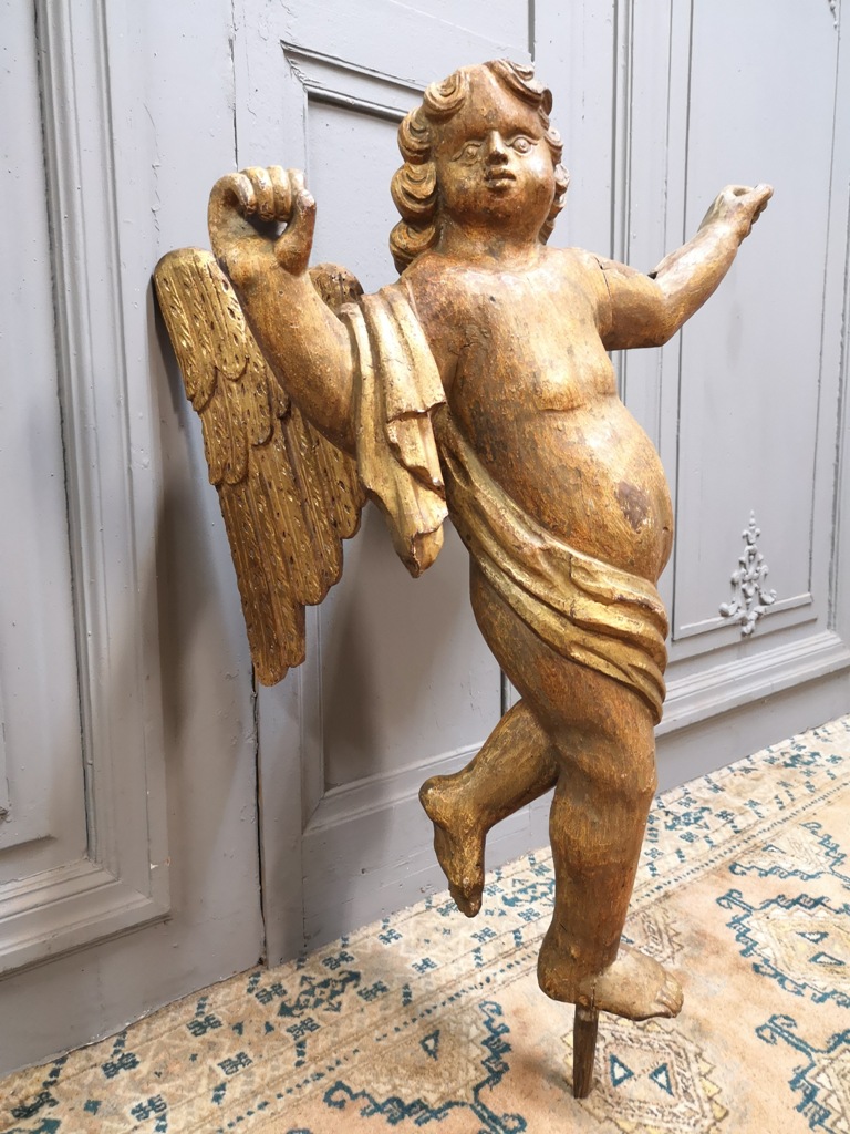 Winged Angel Carved Polychrome And Gilded.