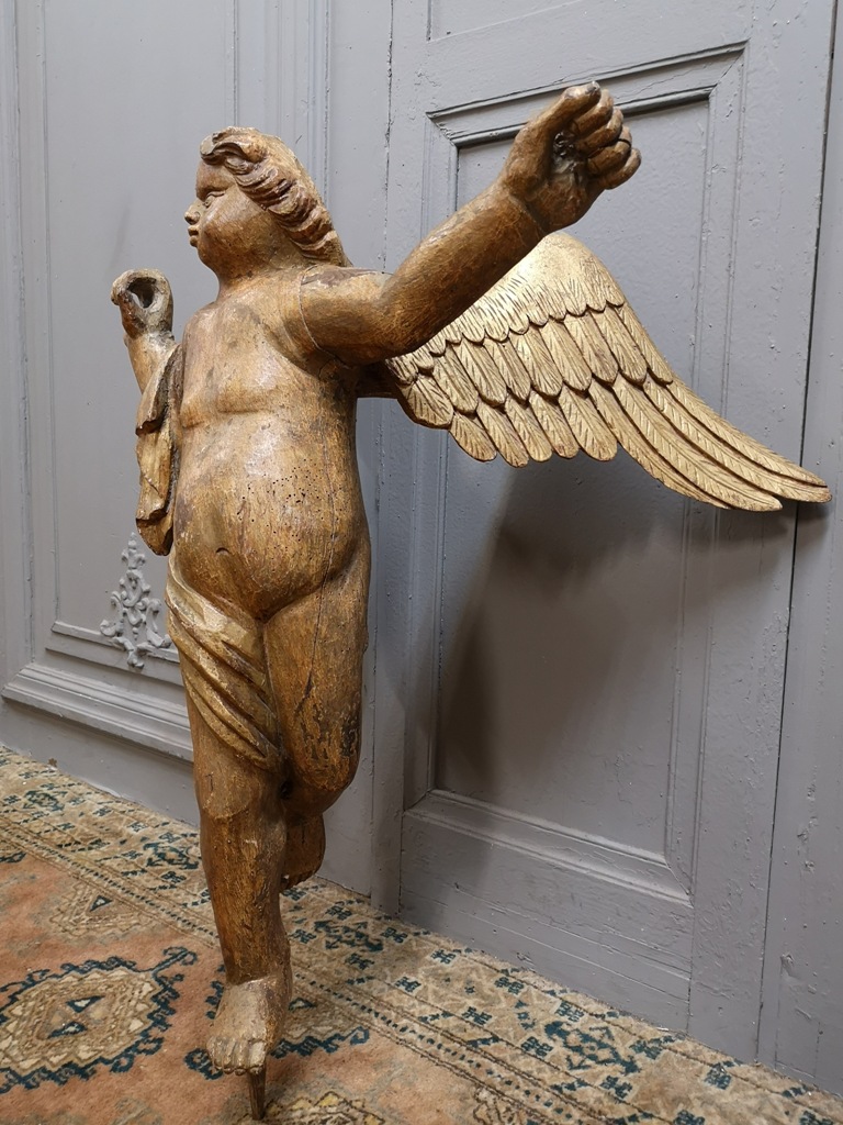 Winged Angel Carved Polychrome And Gilded.-photo-3