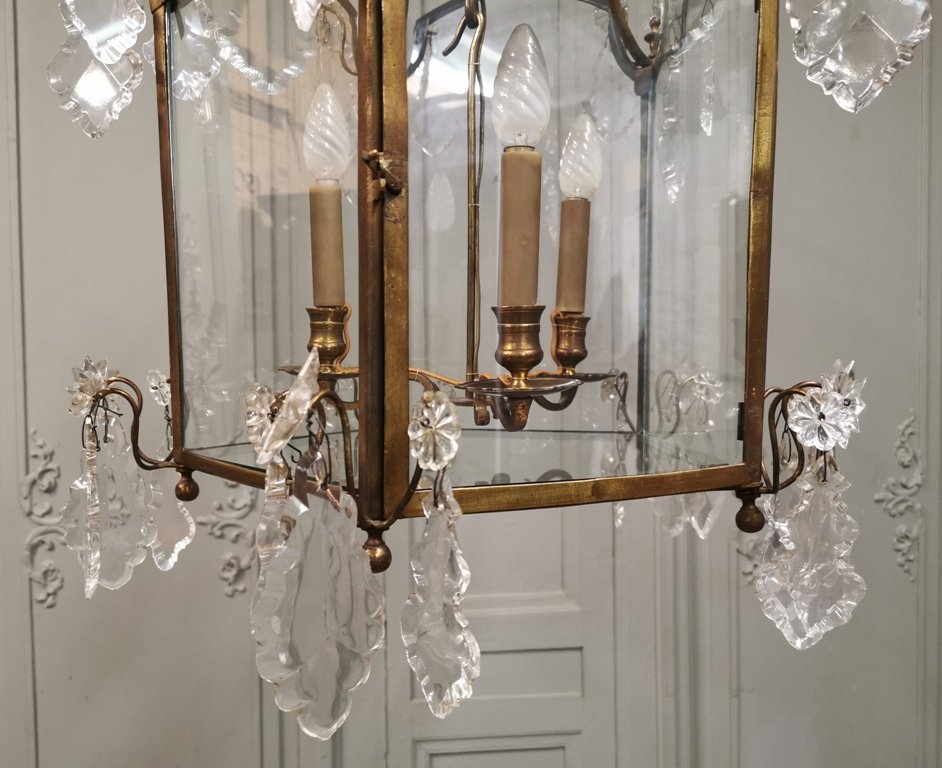 Large Lantern In Gilt Bronze And Regency Style Crystals. 18th Century-photo-4