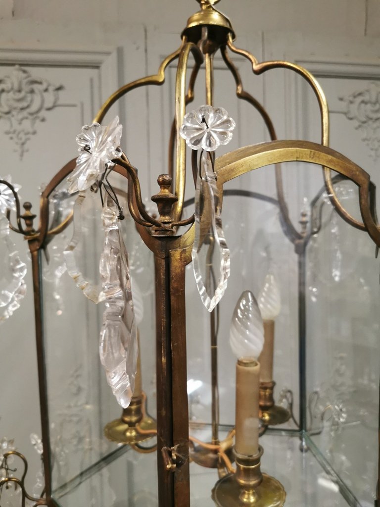 Large Lantern In Gilt Bronze And Regency Style Crystals. 18th Century-photo-6