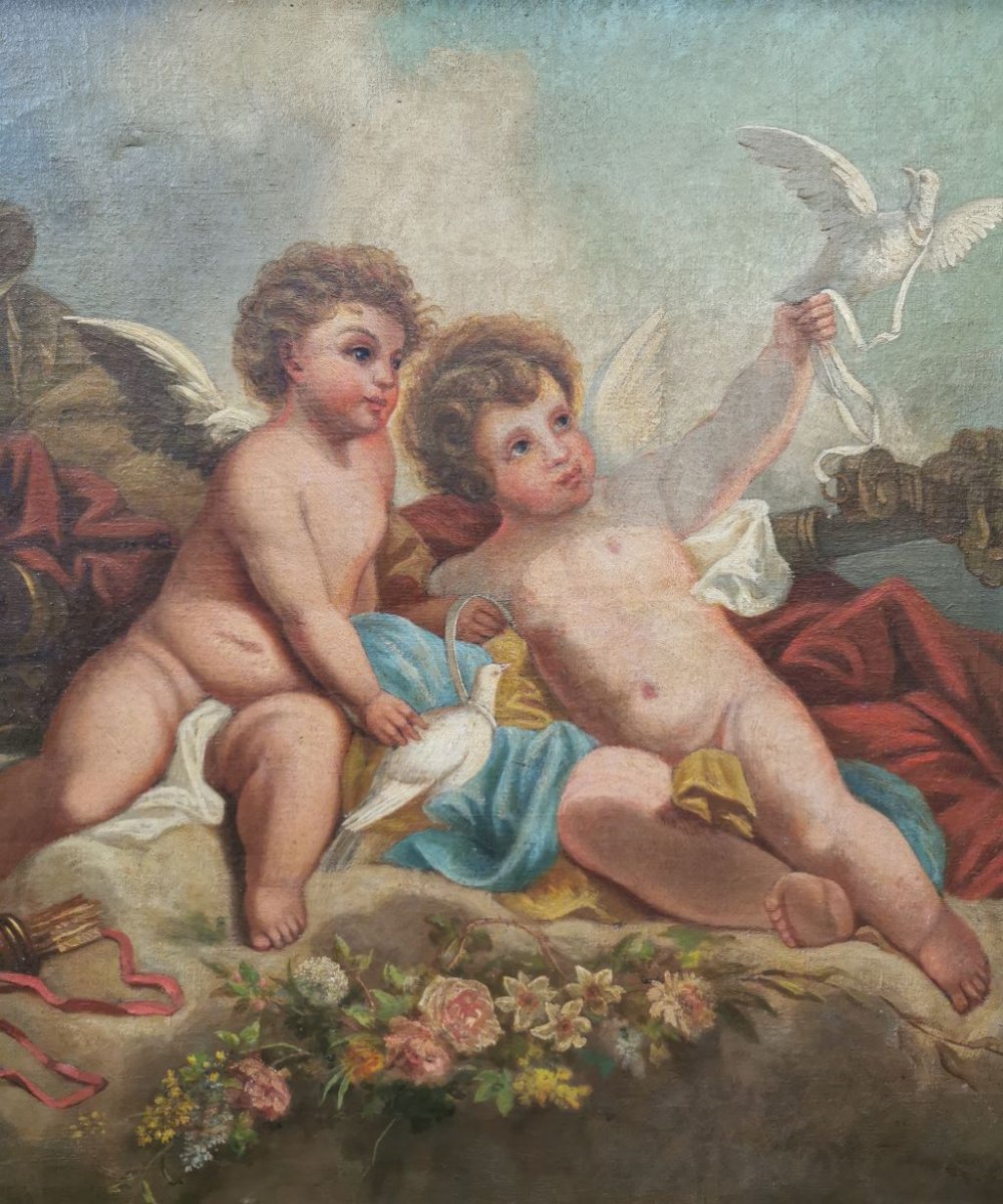 Huile sur toile - "Deux angelots aux colombes"-photo-3