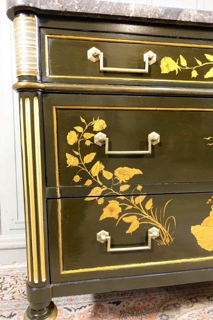 Commode d'époque Louis XVI Relaquée Aux Motifs Japonais-photo-5