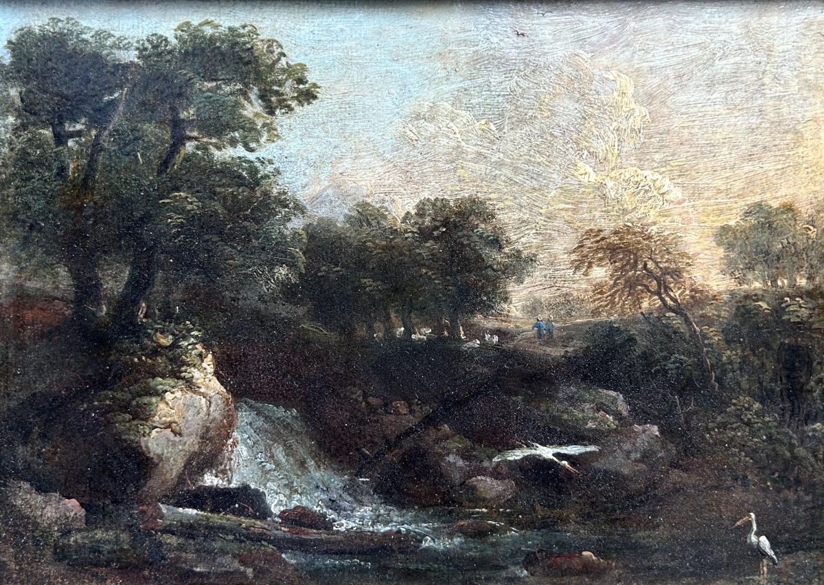 Landscape With Waterfall. Oil On Paper 18th-19th Century-photo-2