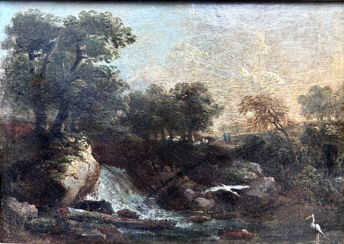 Landscape With Waterfall. Oil On Paper 18th-19th Century-photo-3