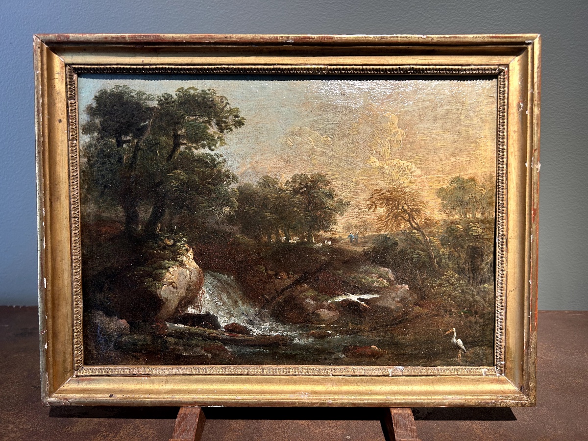 Landscape With Waterfall. Oil On Paper 18th-19th Century