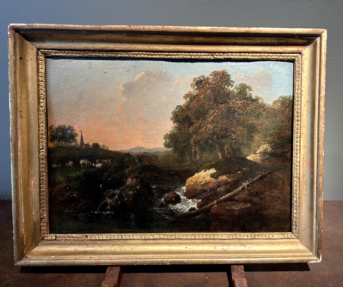 Landscape With Waterfall. Oil On Paper XVIII-xixth Century