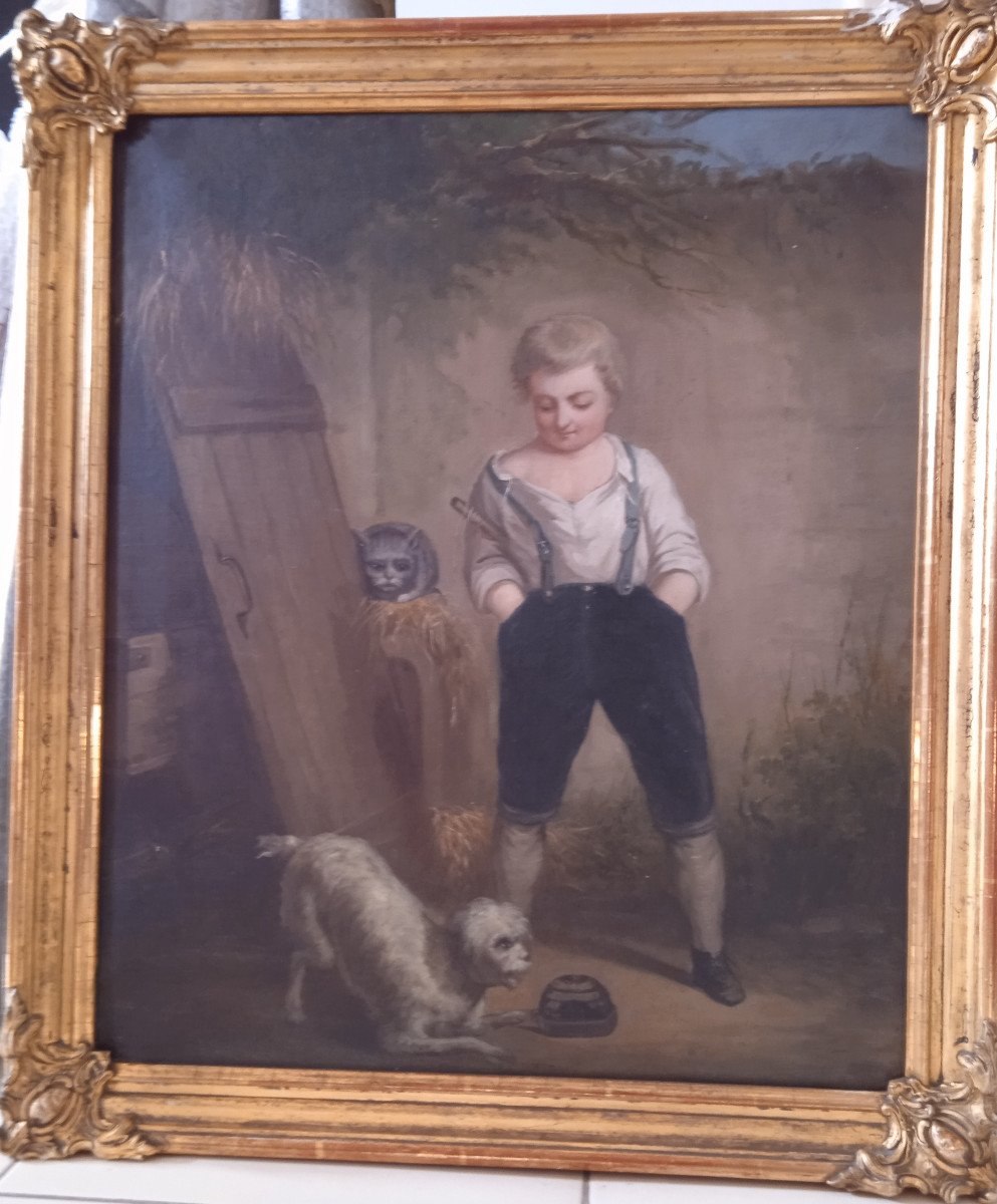 Catherine Mélanie Miller "Petit garcon au chat et  chien" XVIIIème siècle-photo-2