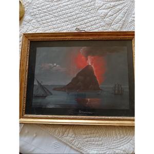 Gouache Napolitaine,XIXe, "Île de Stromboli"