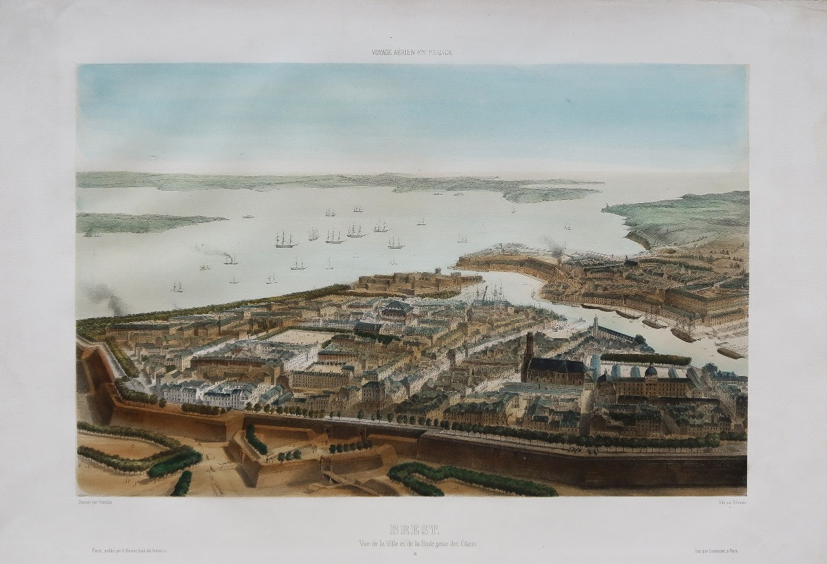 Lithographie ancienne de Brest – Voyage aérien