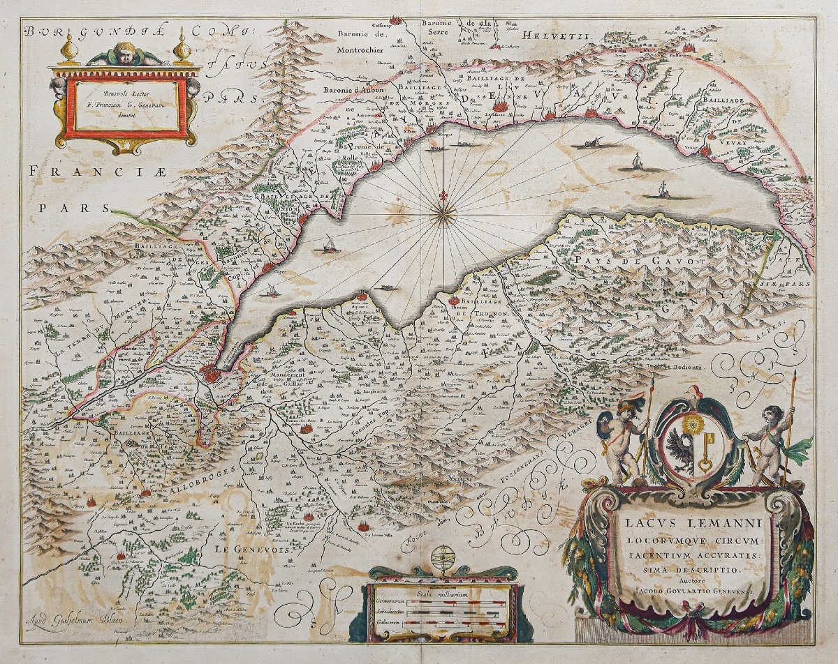 Carte géographique ancienne du lac Léman - suisse - savoie