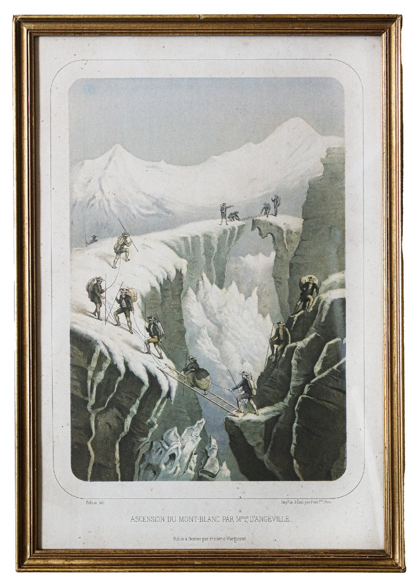 Lithographie ancienne ascension du Mont-Blanc - Alpinisme