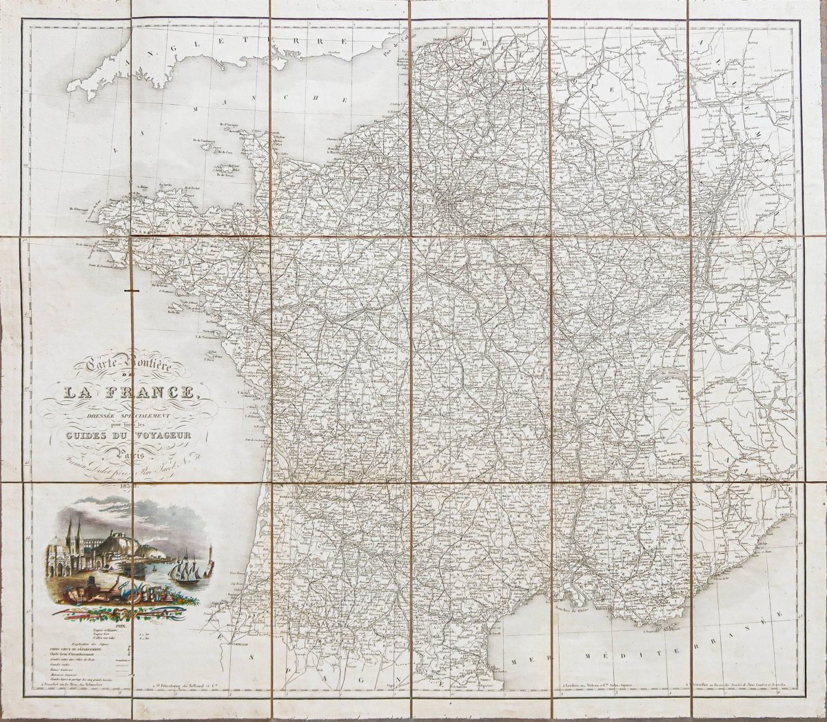 Original Antique Road Map Of France From 1838