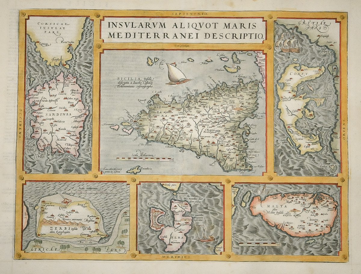 Carte Géographique Ancienne  Sicile – Malte – Sardaigne – Corfou – Elbe - Ortelius