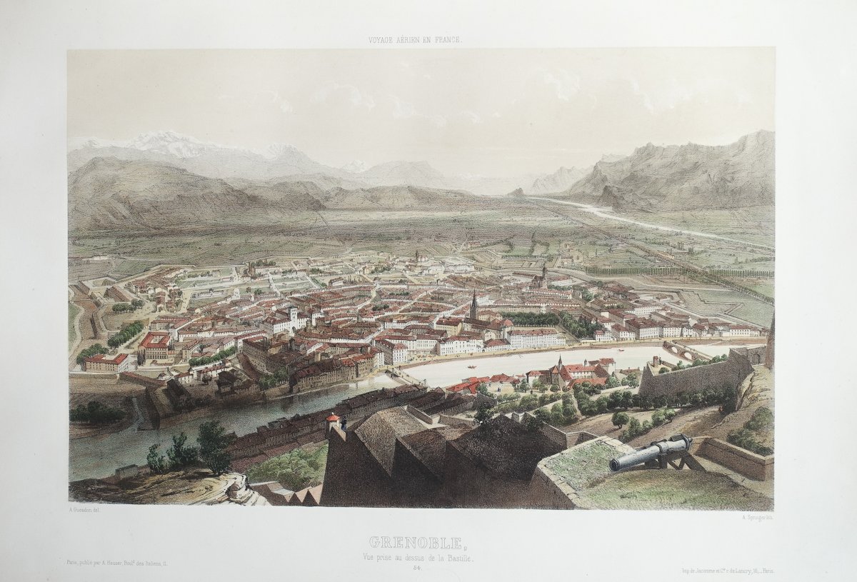 Old Engraving Of Grenoble - Air Travel In France