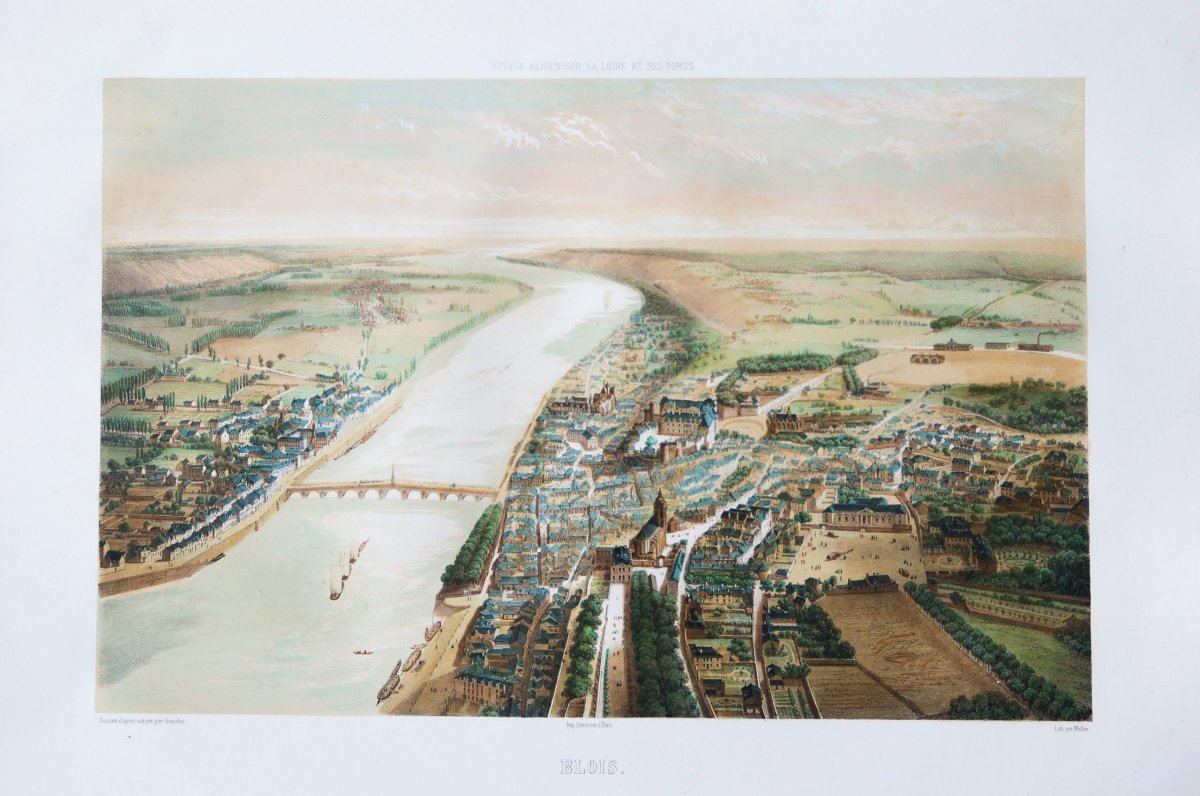 Gravure ancienne de Blois - Vue aérienne