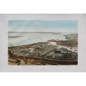 Lithographie ancienne de Brest – Voyage aérien