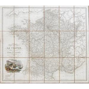 Original Antique Road Map Of France From 1838
