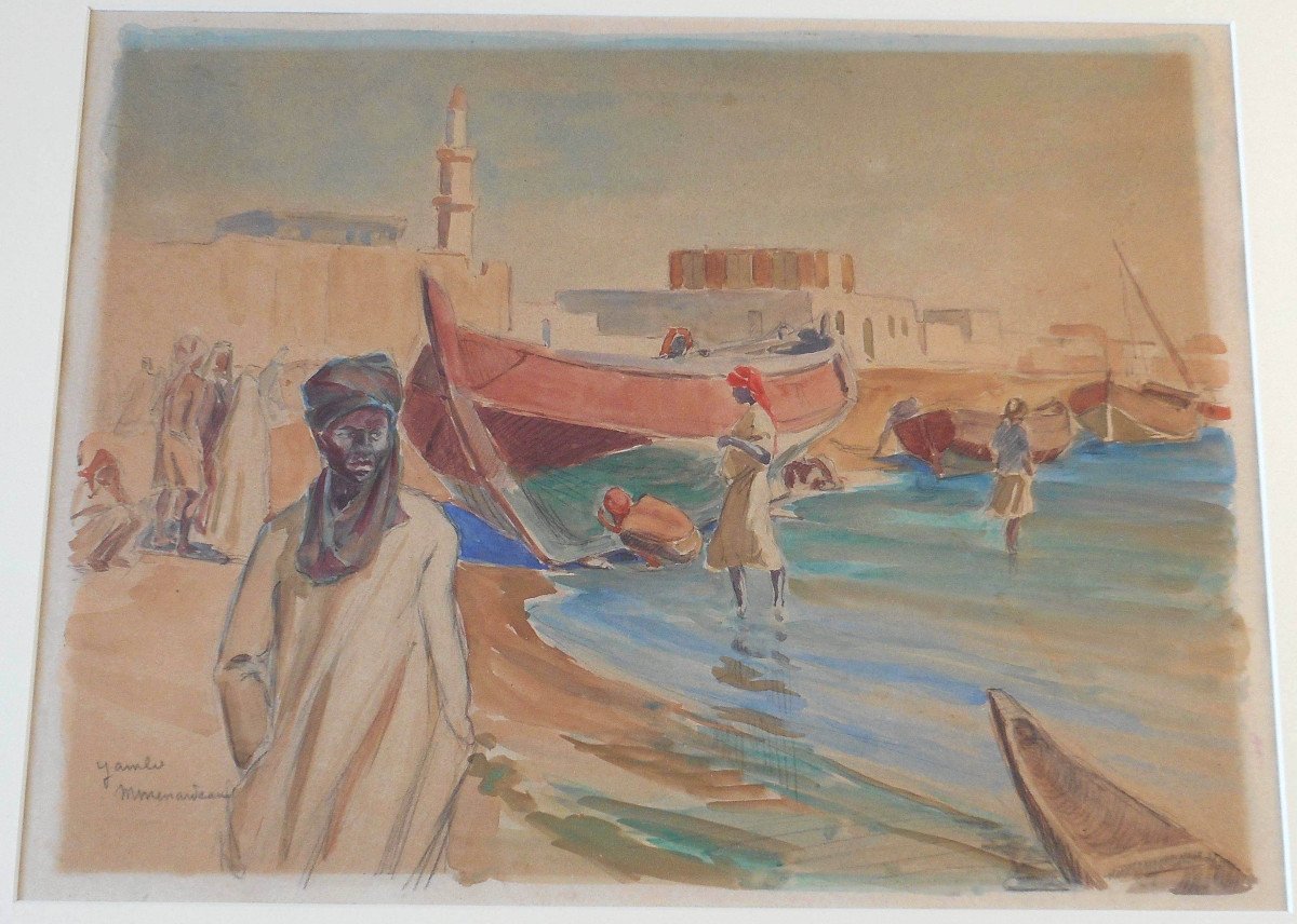Maurice Menardeau (1897-1977) Gambia - Watercolor 33 X 41 Cm (50.5 X 59.5 Cm Framed)-photo-2