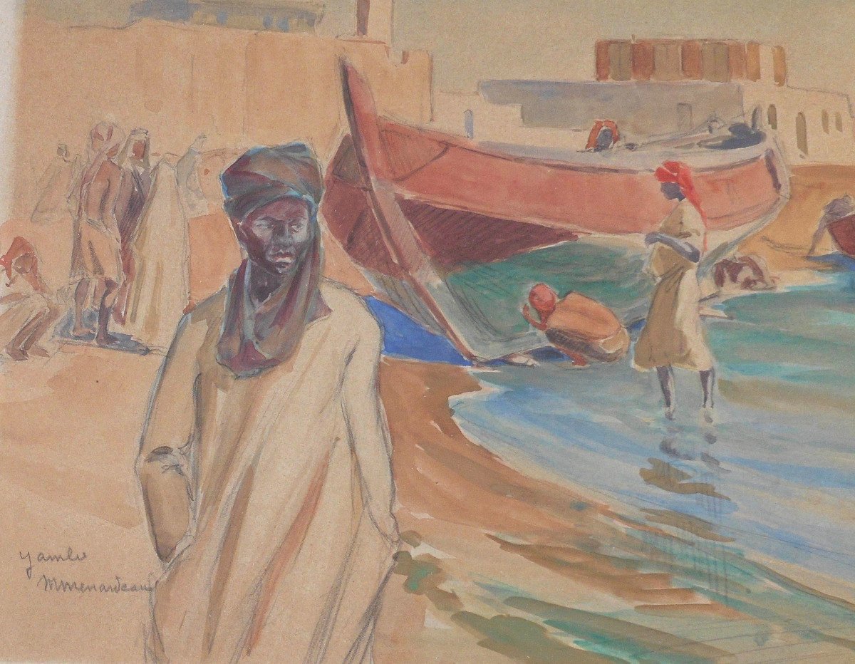 Maurice Menardeau (1897-1977) Gambia - Watercolor 33 X 41 Cm (50.5 X 59.5 Cm Framed)-photo-3