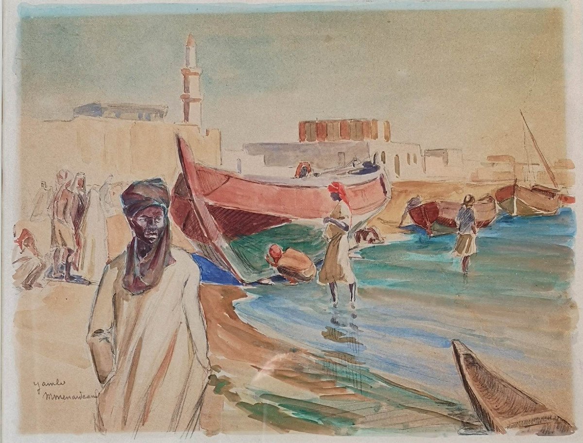 Maurice Menardeau (1897-1977) Gambia - Watercolor 33 X 41 Cm (50.5 X 59.5 Cm Framed)-photo-1