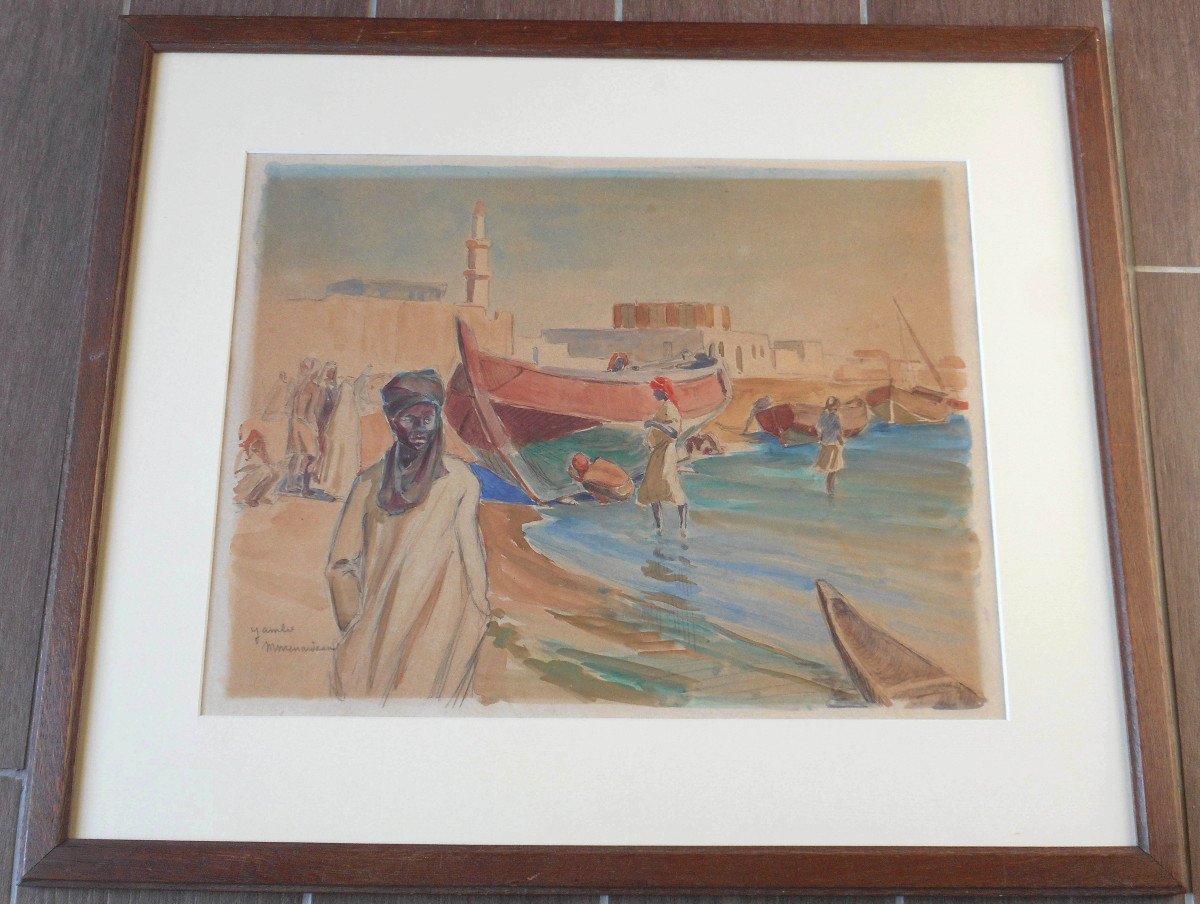 Maurice Menardeau (1897-1977) Gambia - Watercolor 33 X 41 Cm (50.5 X 59.5 Cm Framed)