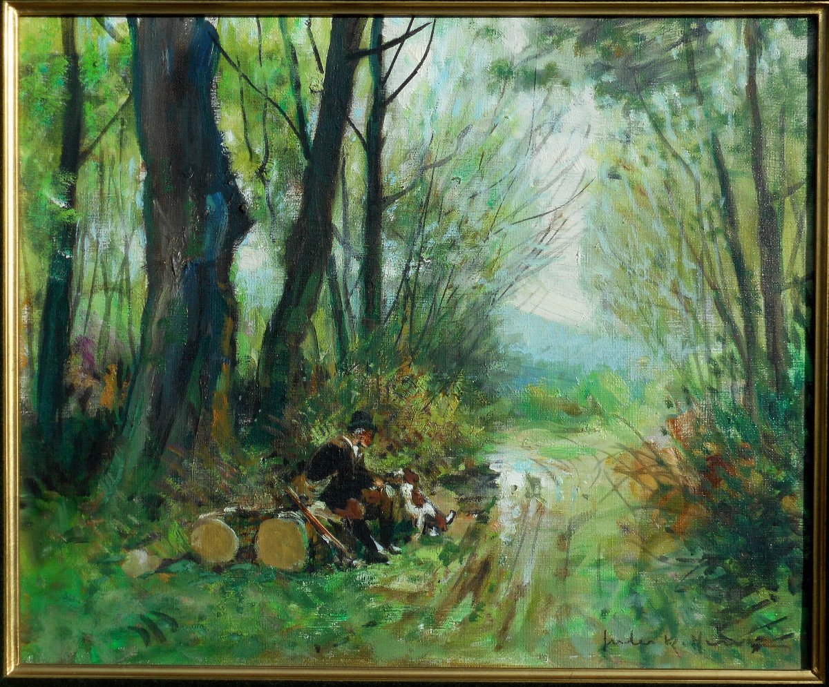 Jules René Hervé (1887-1981) Langres "hunter And His Dog" Hst 38 X 46 Cm - Hunting