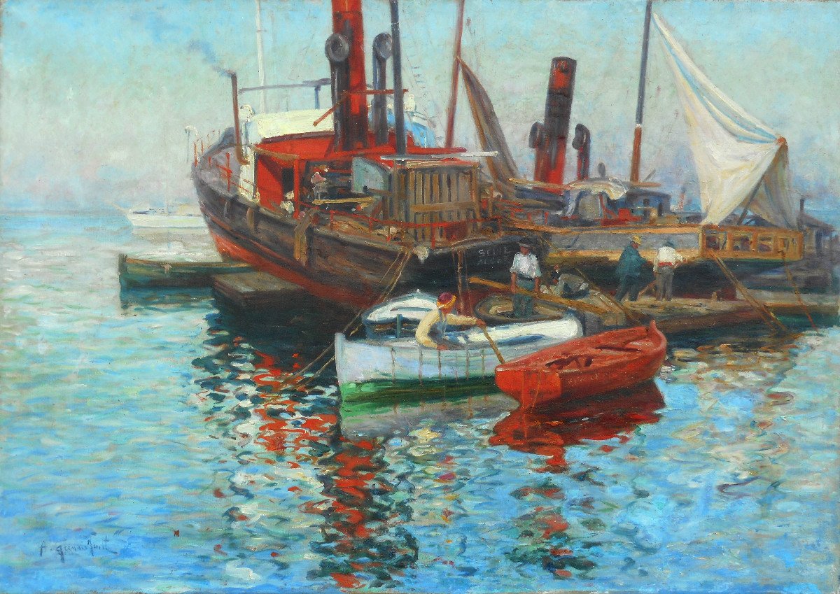 Alphonse Léon Germain - Thill (1873-1925) The Port Of Algiers Hst 65 X 92 Cm