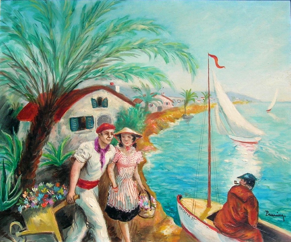 Marcel PRUNIER ( 1894-1988) côte d'azur (composition) HST 54 x 65 cm