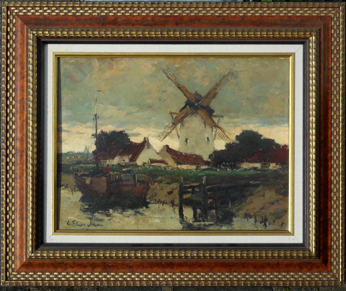 Gustave FLASSCHOEN (1868-1940) peintre belge " moulin en HOLLANDE" BELGIQUE