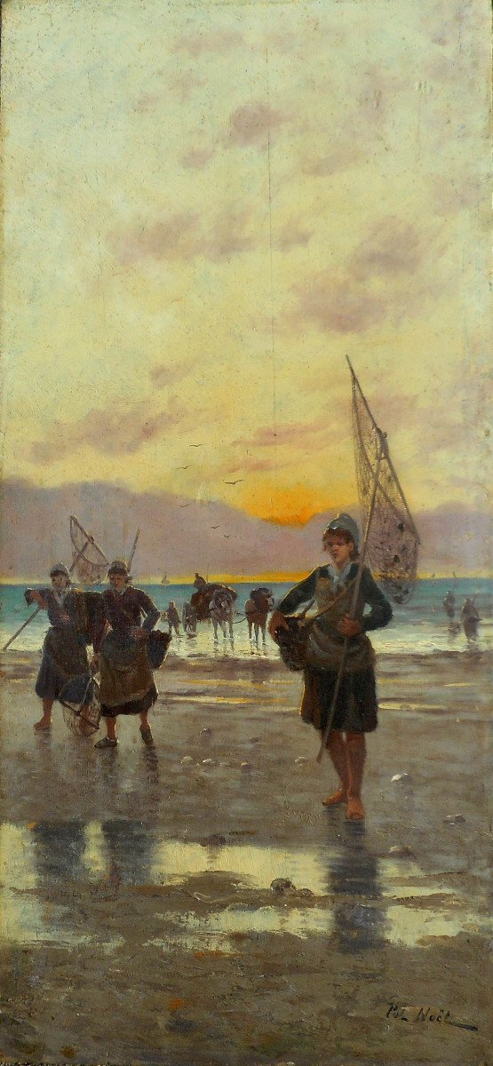 POL NOEL (1850-?) les pêcheuses de crevettes-HSB 65 x 29,5 cm ( 86 x 51 cm encadrée)-photo-2