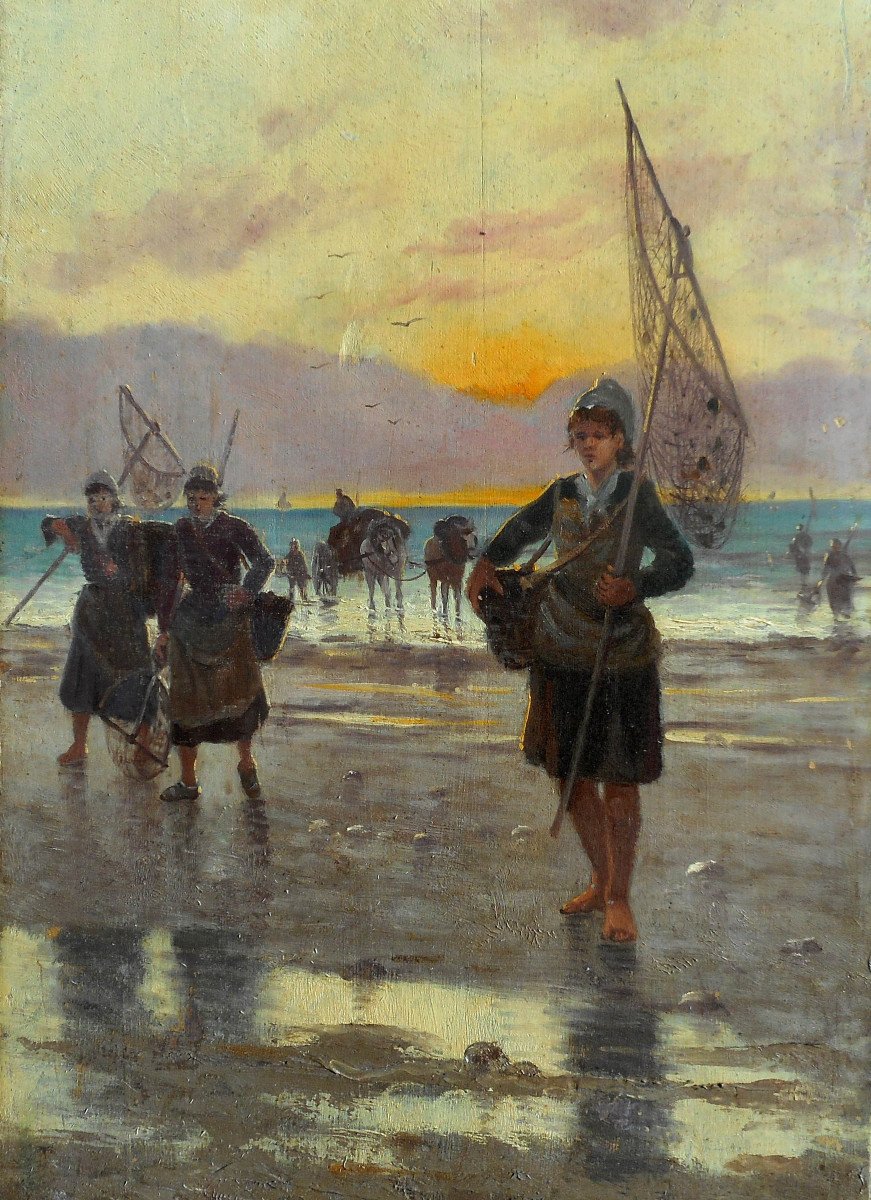 POL NOEL (1850-?) les pêcheuses de crevettes-HSB 65 x 29,5 cm ( 86 x 51 cm encadrée)-photo-4