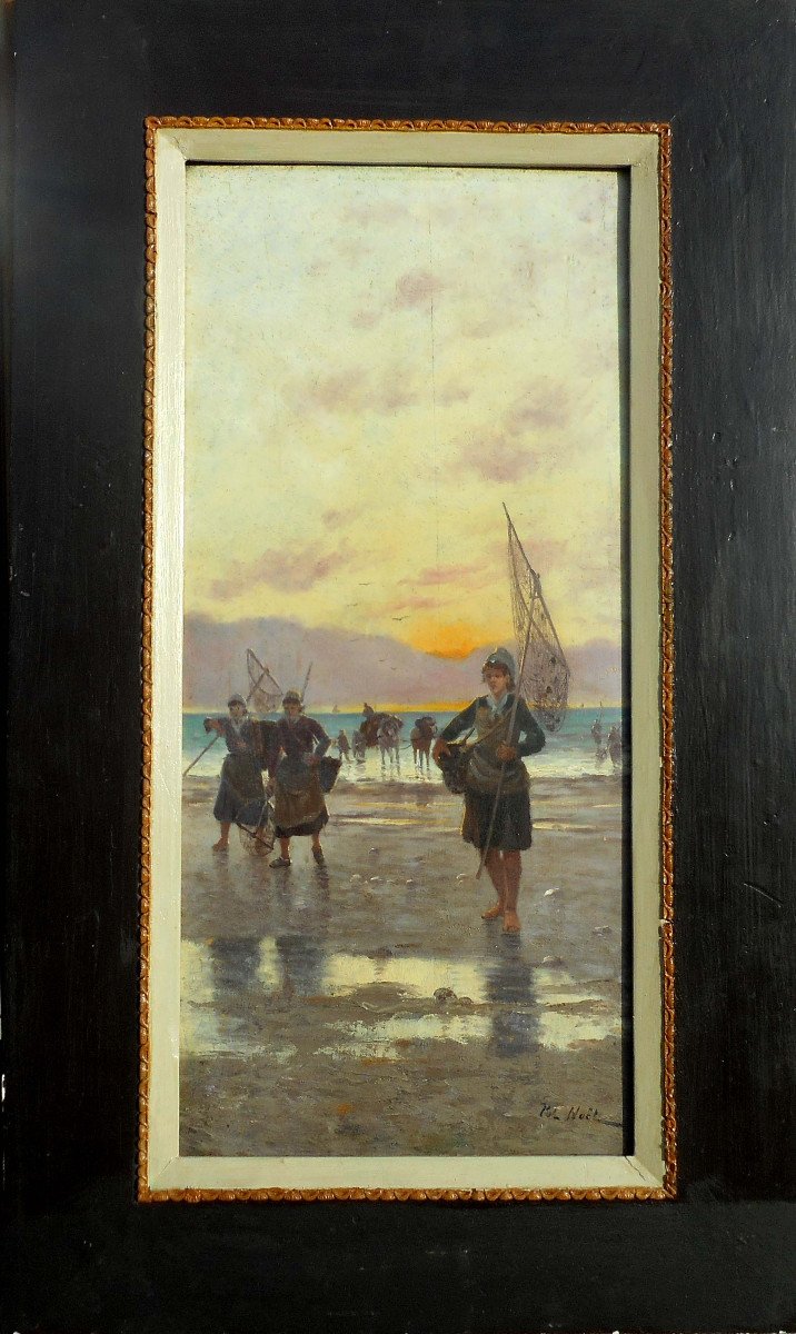 POL NOEL (1850-?) les pêcheuses de crevettes-HSB 65 x 29,5 cm ( 86 x 51 cm encadrée)